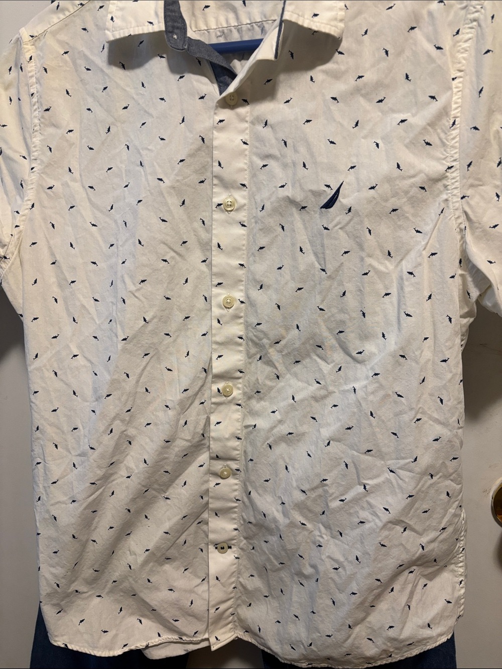 Nautica White Button-Down Shirt with Navy Micro Sail Print